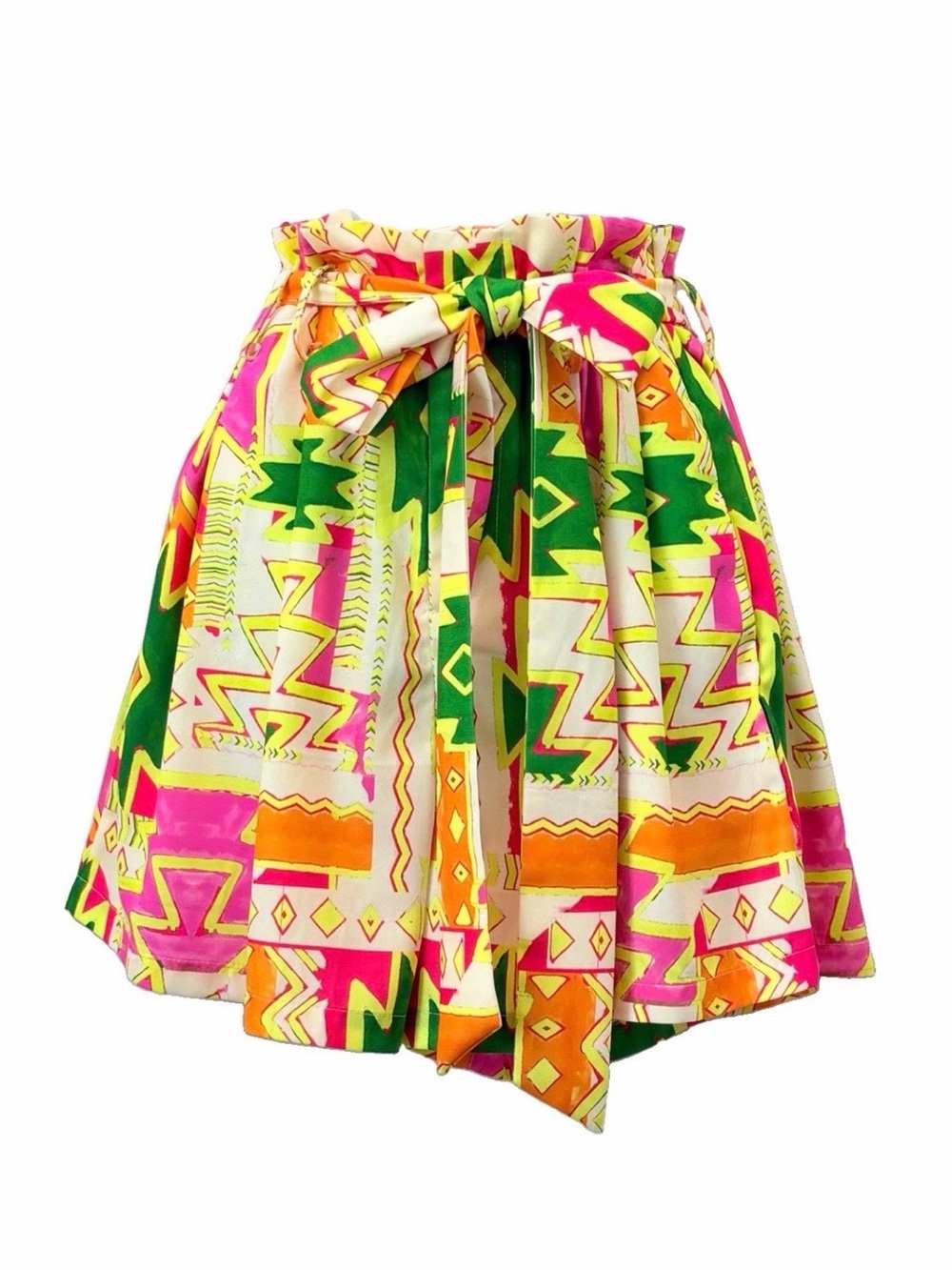 Pants Store High-Waist Paperbag Shorts Tie Belt Yellow Pink & Green size Medium